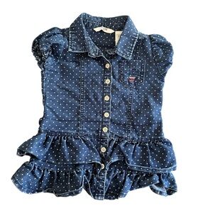 Guess Blue Denim Jean Polka Dot Ruffle Dress Short Sleeve Toddler Girl 2T